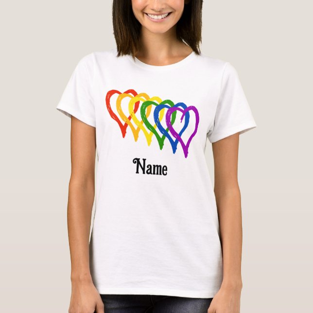 Valentine Gay pride Rainbow Flagga Hearts Customiz T Shirt (Framsida)