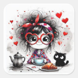 Valentine Girl Art 3 Inch Sticker – Kawaii Love Fyrkantigt Klistermärke