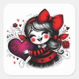 Valentine Girl Art 3 Inch Sticker – Kawaii Love Fyrkantigt Klistermärke