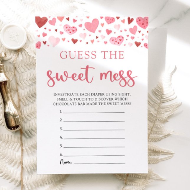 Valentine gissar att den  babyskidspelen inbjudningar (Watercolor Cute Pink Red Hearts Valentine Sweetheart Baby Girl Guess the Sweet Mess Baby Shower Game)