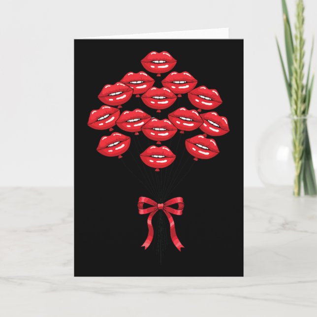 Valentine Glansig Röda Läppar Kyss Lloons Blombuke Kort (Framsida)