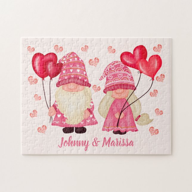 Valentine Gnome Kärlek Quote Rosa Red Hearts par  Pussel (Horisontell)