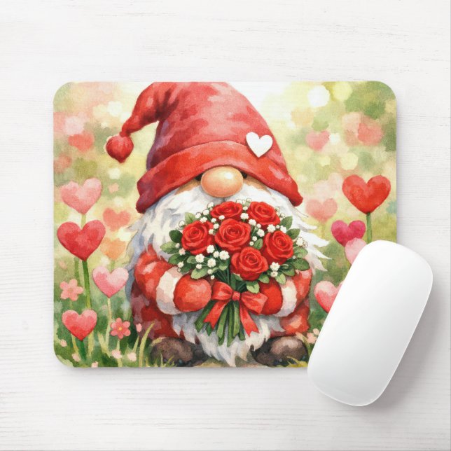 Valentine Gnome med röda rosor i en trädgård Musmatta (Med mus)