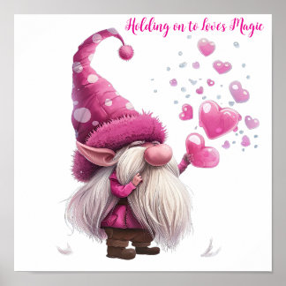 Valentine Gnome med Rosa Heart-ballonger Poster