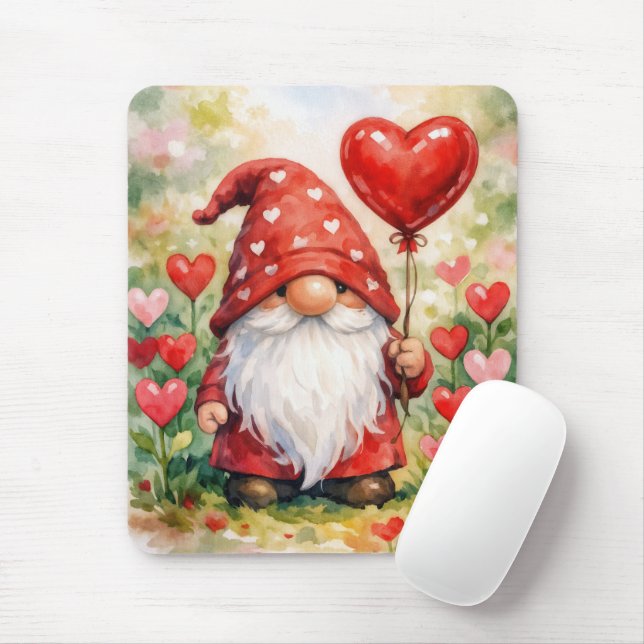 Valentine Gnome with Red Heart Balloon Musmatta (Med mus)