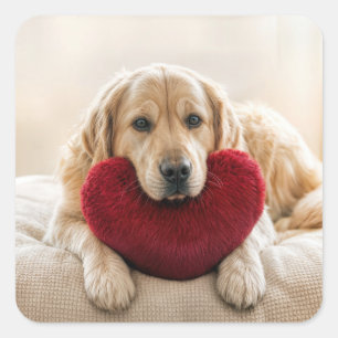 Valentine Golden Retriever med hjärtkudde Fyrkantigt Klistermärke