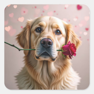Valentine Golden Retriever med Röd ros Fyrkantigt Klistermärke