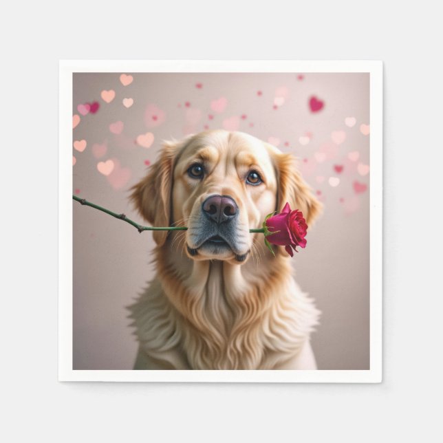 Valentine Golden Retriever med Röd ros Pappersservett (Framsidan)