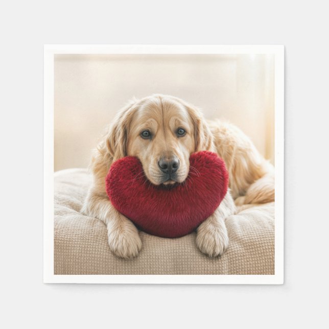 Valentine Golden Retriever with Heart Pillow Pappersservett (Framsidan)