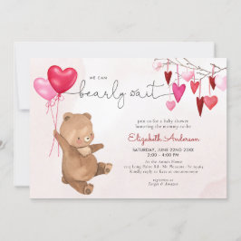 Valentine Heart Bear Balloon Rosa Girl Baby Shower Inbjudningar