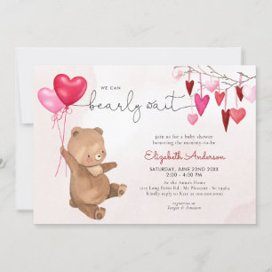 Valentine Heart Bear Balloon Rosa Girl Baby Shower Inbjudningar