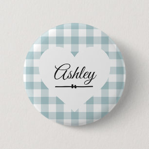 Valentine Heart Blue Gingham Namn Monogram Knapp