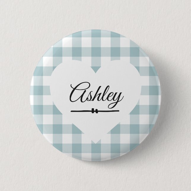 Valentine Heart Blue Gingham Namn Monogram Knapp (Framsida)