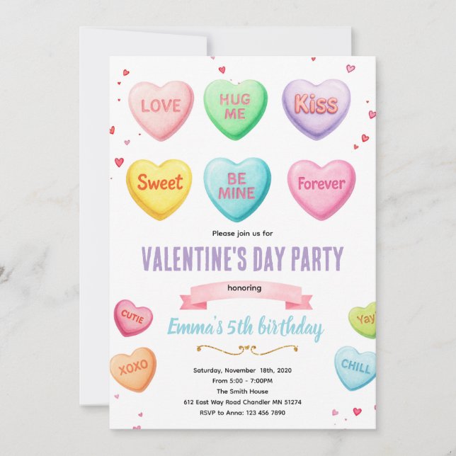 Valentine heart candy party invitation inbjudningar (Framsida)