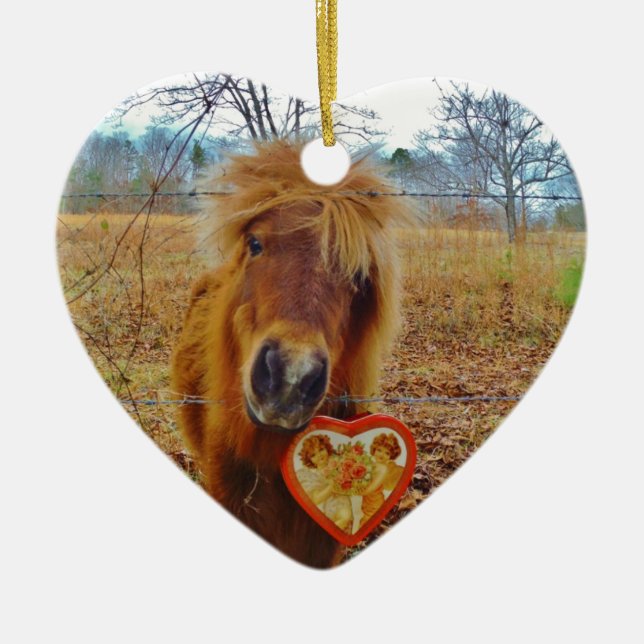 Valentine Heart Miniature Brown Horse Julgransprydnad Keramik (Framsidan)