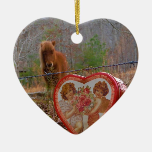 Valentine Heart Miniature Brown Horse Julgransprydnad Keramik (Framsidan)