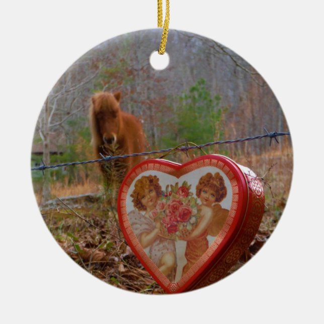 Valentine Heart Miniature Brown Horse Julgransprydnad Keramik (Framsidan)