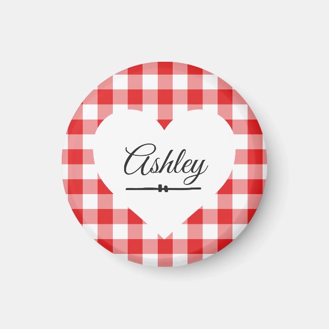 Valentine Heart Red Gingham Namn Monogram Magnet (Framsidan)