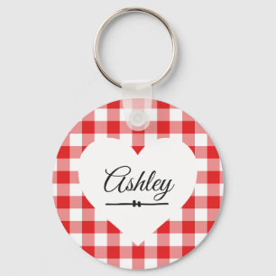 Valentine Heart Red Gingham Namn Monogram Nyckelring