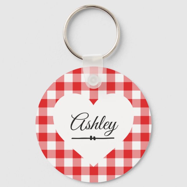 Valentine Heart Red Gingham Namn Monogram Nyckelring (Framsida)