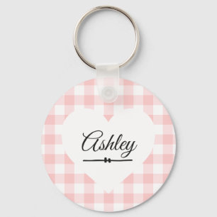 Valentine Heart Rosa Gingham Namn Monogram Nyckelring