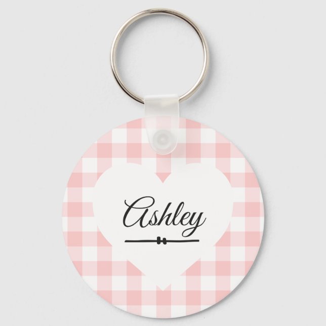 Valentine Heart Rosa Gingham Namn Monogram Nyckelring (Framsida)