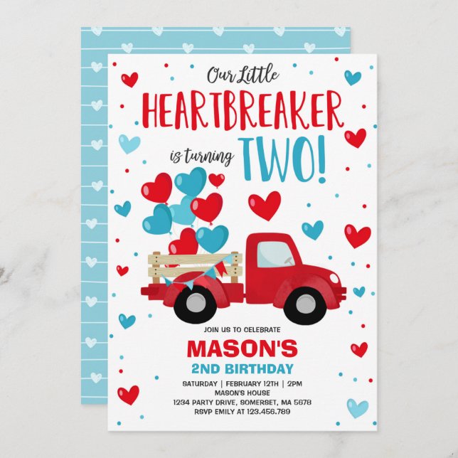 Valentine Heartbrytare 2:a födelsedag Red Blue Las Inbjudningar (Fram/baksida)