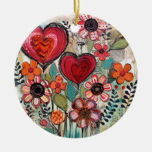Valentine Hearts and Flowers Julgransprydnad Keramik