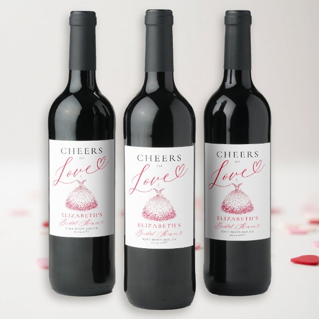 Valentine Hearts Bröllopsklänning Whimsical Bröllo Vinflaska Etikett (valentine bridal shower wine label brunch bubbly watercolor hearts dress showered with love garden )