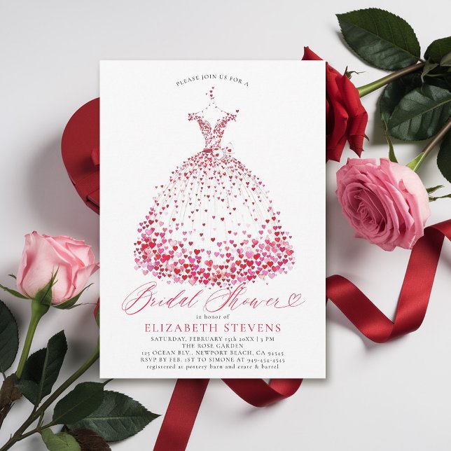 Valentine Hearts Dress Elegant Bow Möhippa Inbjudningar (valentine bridal shower invitations whimsical hearts watercolor elegant dress bow modern minimalist)