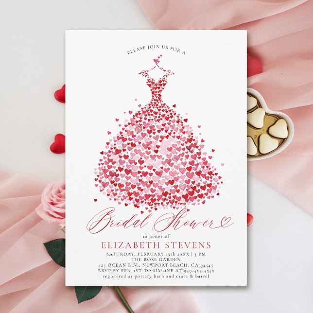 Valentine Hearts Dress Elegant Red Möhippa Inbjudningar (valentine bridal shower invitations whimsical hearts watercolor elegant dress modern minimalist red)
