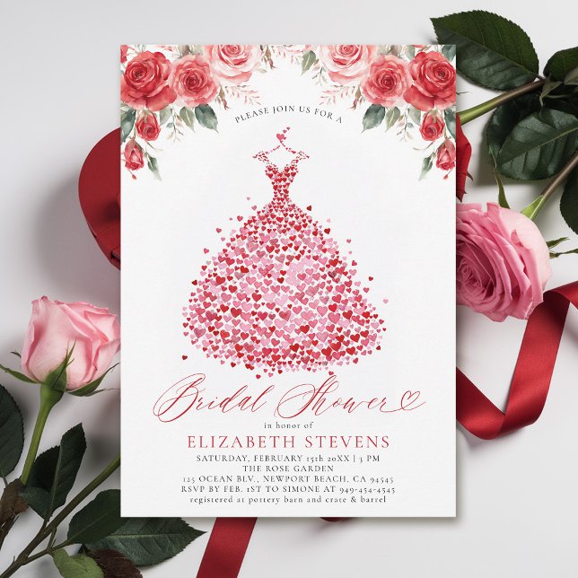 Valentine Hearts Dress Röd ros Möhippa Inbjudningar (valentine bridal shower invitations whimsical hearts watercolor elegant dress red roses elegant)