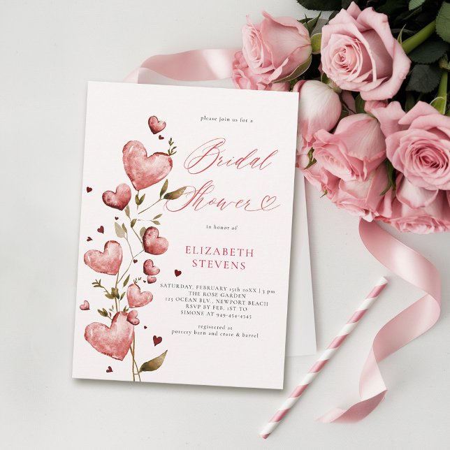 Valentine Hearts Kärlek Garden Rosa Möhippa Inbjudningar (valentine bridal shower invitations whimsical hearts watercolor elegant love garden party pink)