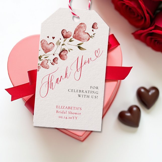 Valentine Hearts Love Garden Pink Bridal Shower Presentetikett (valentine bridal shower gift tag watercolor hearts vine romantic lovebirds february love in the air)