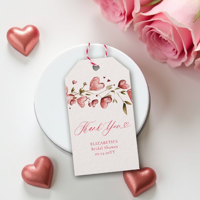 Valentine Hearts Love Garden Vines Bridal Shower Presentetikett (valentine bridal shower gift tag brunch bubbly watercolor hearts showered with love garden party)