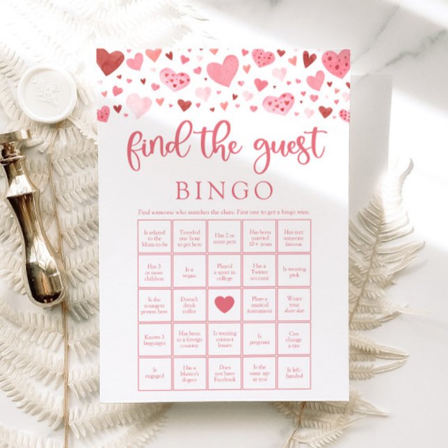 Valentine Hitta gästen Bingo Baby Shower Game Inbjudningar (Watercolor Pink Red Hearts Valentine A Little Sweetheart Girl Find the Guest Bingo Baby Shower Game)