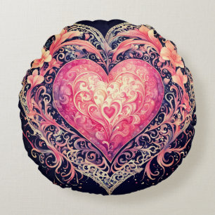 Valentine hjärta rosa kärlek blommor ornament rund kudde
