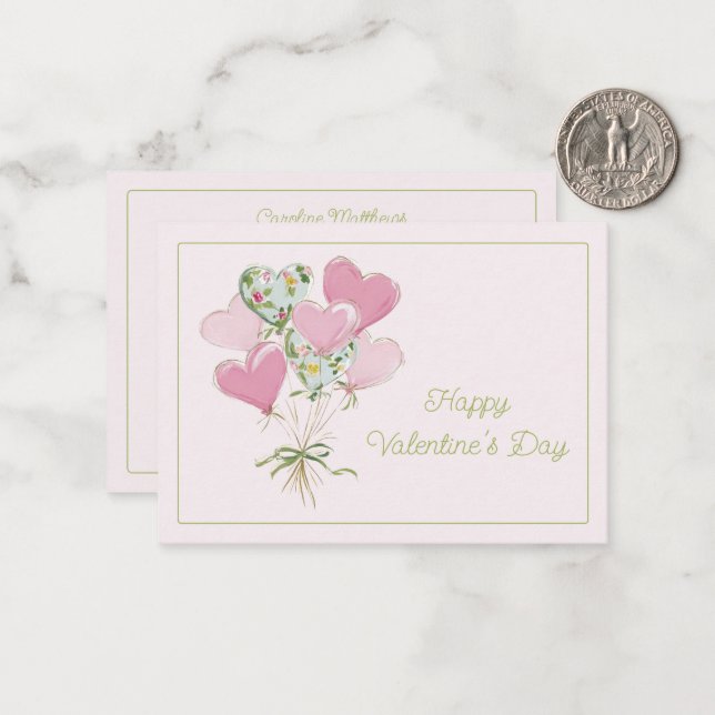 Valentine Hjärtat Rosa och Grönt Hjärtballonger Anteckningskort (Fram/Back In Situ)