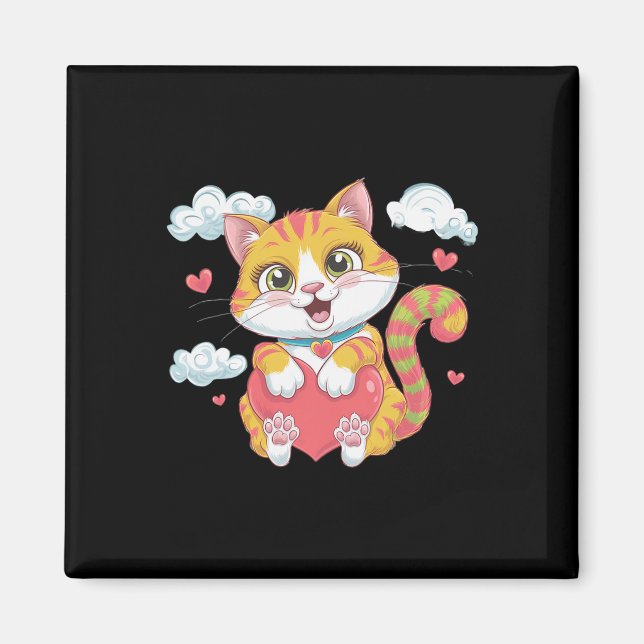 Valentine Hjärtkatts kärlek Katt Regnbåge Söt katt Magnet (Framsidan)