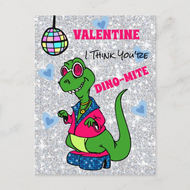 Valentine I Tänka Du är Dino-Mite, disco dinosaur Vykort (Framsida)