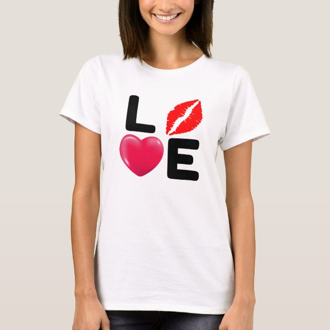 Valentine KÄRLEK Kyss och Hjärta T Shirt (Framsida)