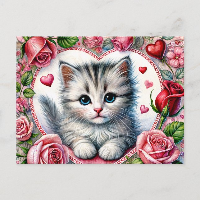Valentine-kattunge med röda rosor vykort (Framsida)