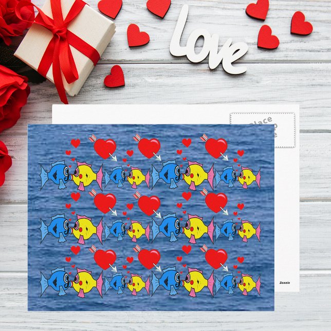 Valentine Kissing Fish in Kärlek Mönster vycard Helg Vykort (Valentine Kissing Fish in Love Pattern Postcard)
