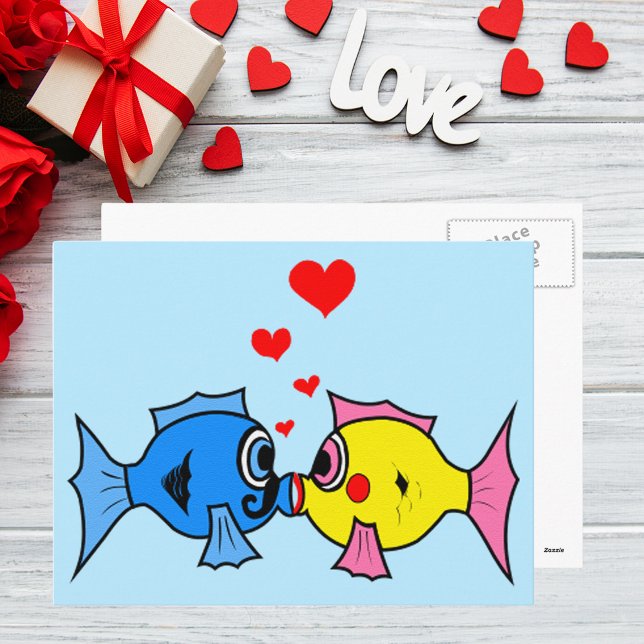 Valentine Kissing Fish in Kärlek vycard Helg Vykort (Valentine Kissing Fish in Love Postcard)