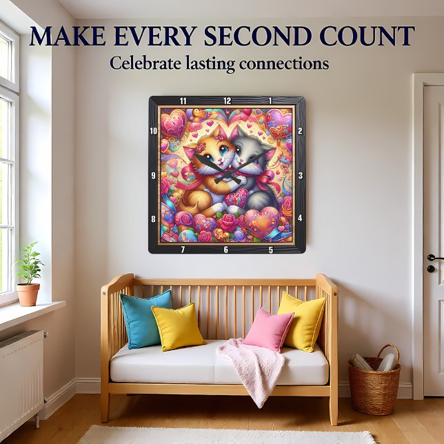 Valentine Kitten Hug Heart Wall Fyrkantig Klocka (Skapare uppladdad)