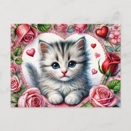 Valentine Kitten with Red Roses Vykort