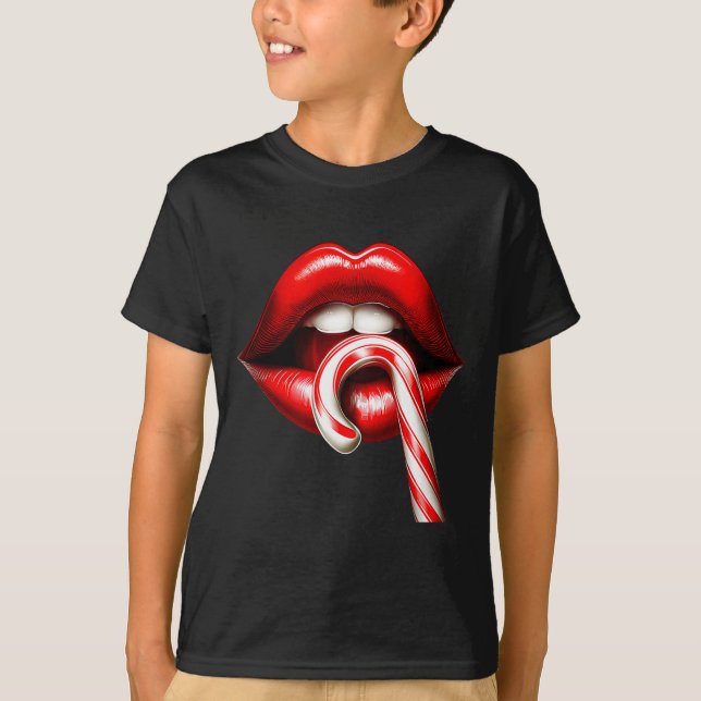 Valentine Lips Kisses Valentines Funny Candy Cane  T Shirt (Framsida)