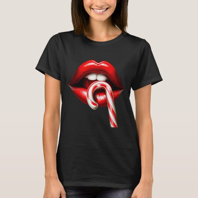 Valentine Lips Kisses Valentines Funny Candy Cane  T Shirt (Framsida)