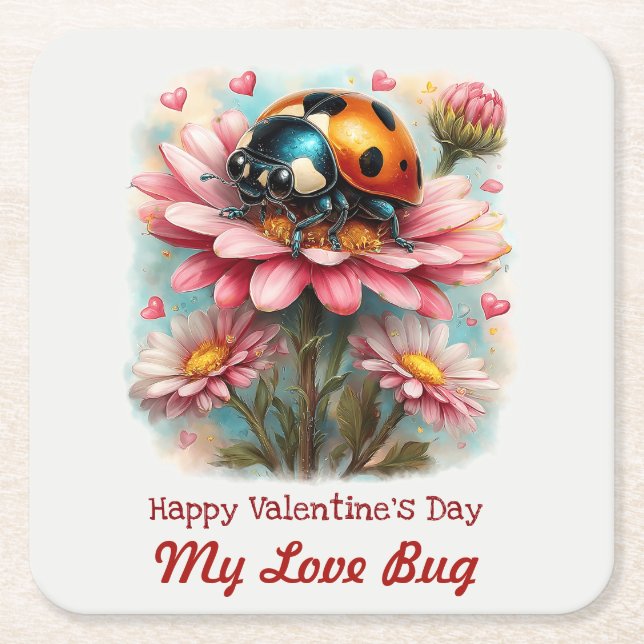  Valentine Love Bug on Blossoms Rose Underlägg Papper Kvadrat (Framsidan)