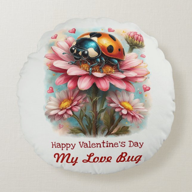Valentine Love Bug på Blommig Ros Rund Kudde (Framsidan)